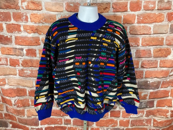 Vintage 90s Coogi Funky Textured Rainbow Wool Sweater Sz M Cosby  