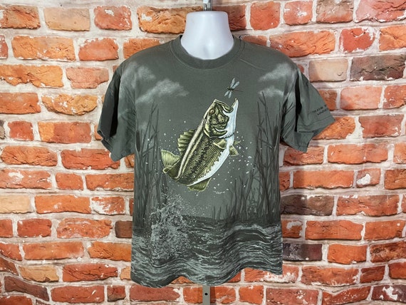 Vintage 90s All Over Print Bass Shirt Fits L/M Fishing Art Unlimited Aop  Grunge Tee 
