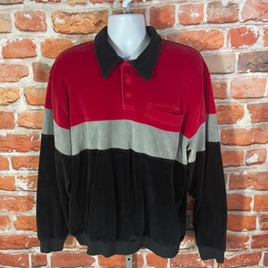 vintage 80s striped velour long sleeve polo sweatshirt - sz XL - emo mod grandpa grunge