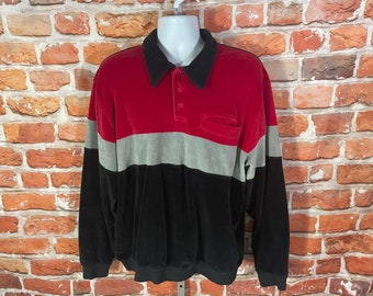 vintage 80s striped velour long sleeve polo sweatshirt - sz XL - emo mod grandpa grunge
