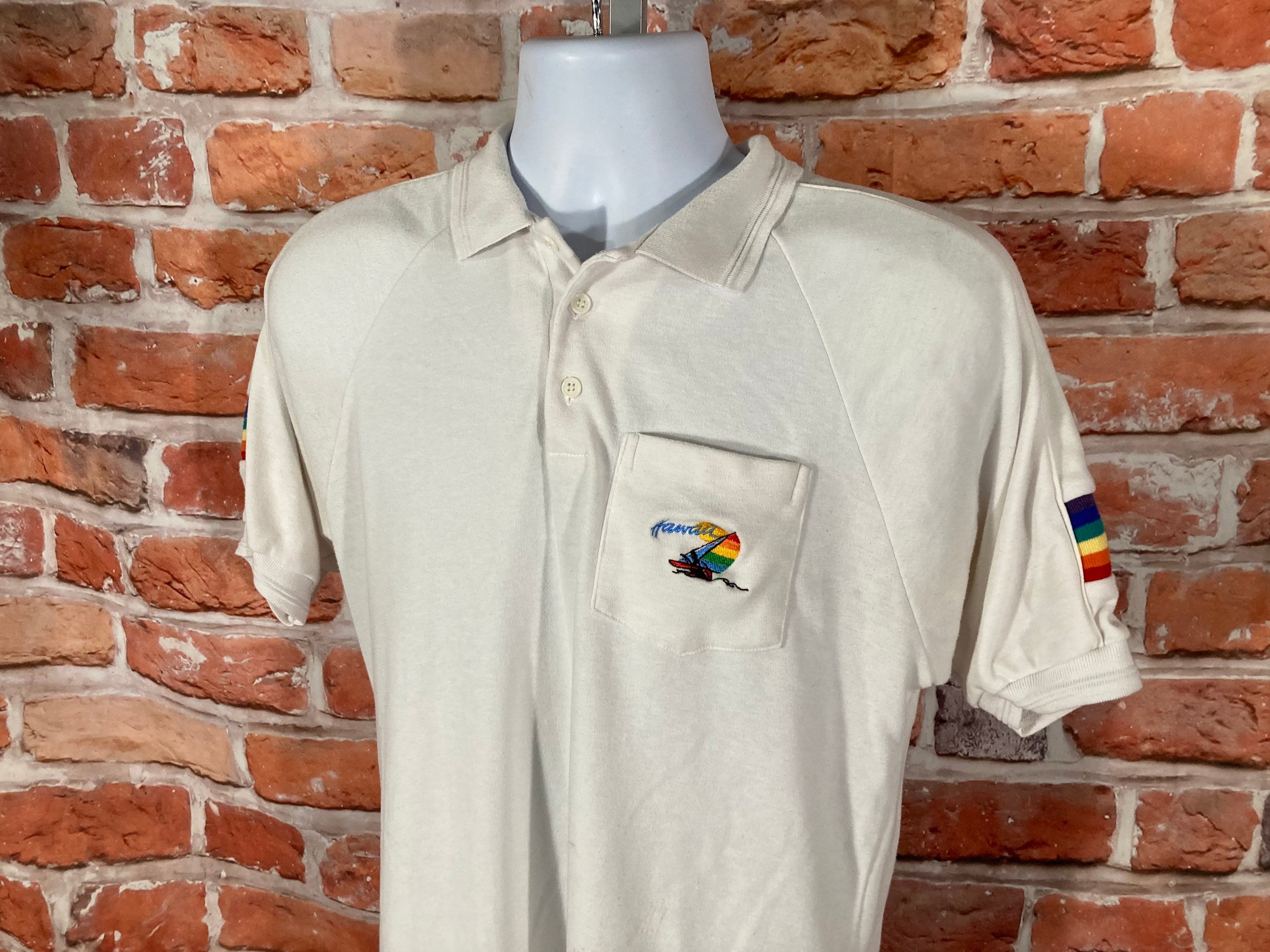 【限定特価】 Hawaii 80s Vintage Polo Sz - Sleeves Stripe Rainbow W Shirt トップス