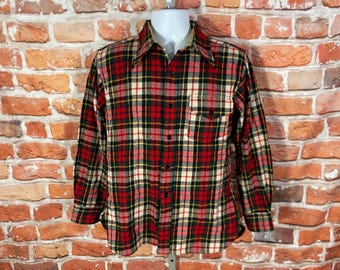 Vintage 60s Chandler Blue Black White Plaid Cotton Flannel Shirt