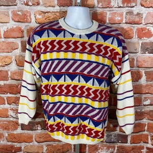 Vintage 80s Rainbow Striped Geometric Sweater - Size L