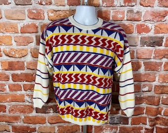 Suéter geométrico vintage de rayas arcoíris de los años 80 - Talla L