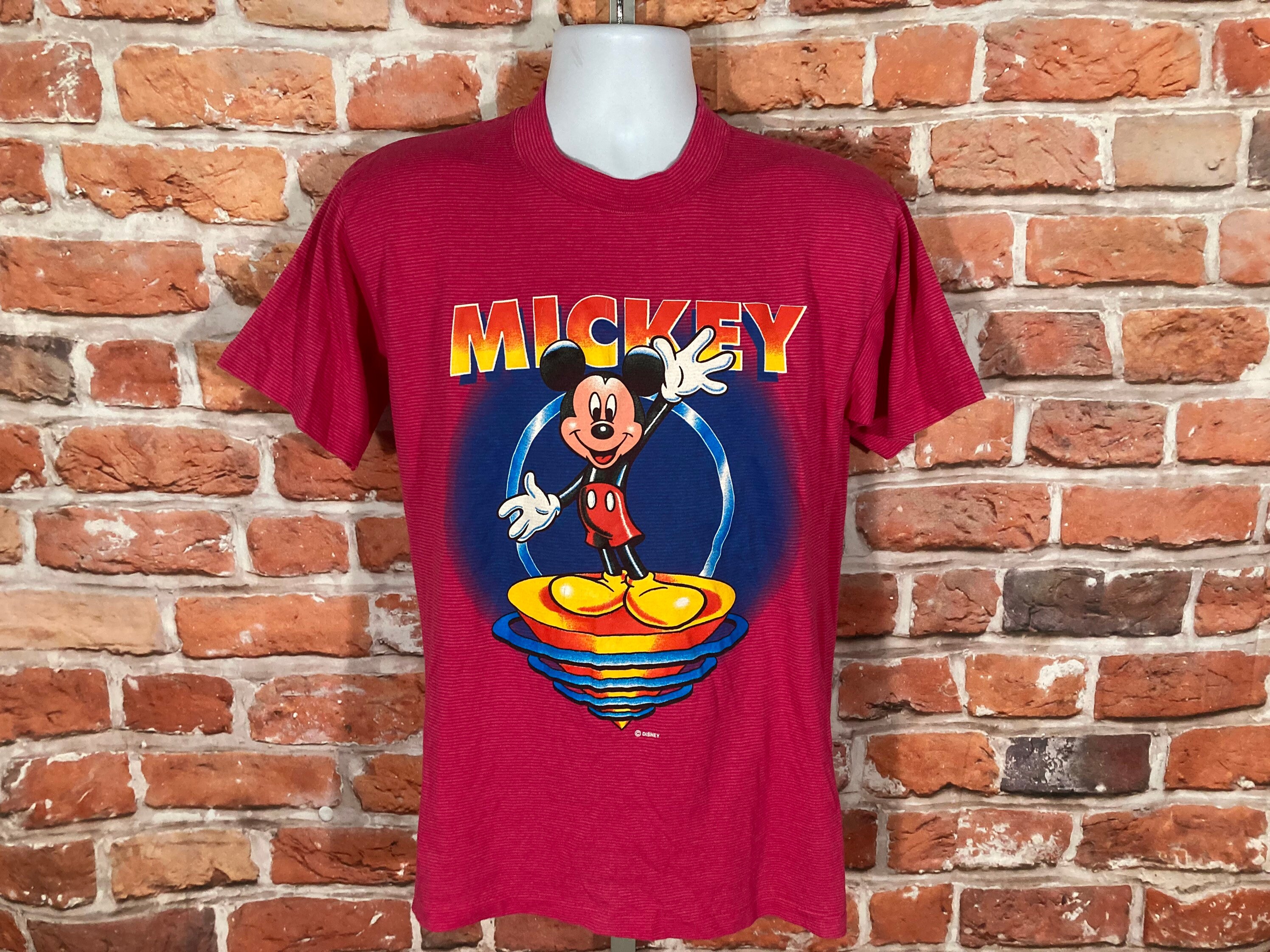 Vintage 90s Mickey Mouse Pink Micro Stripe Shirt - Sz M Velva 