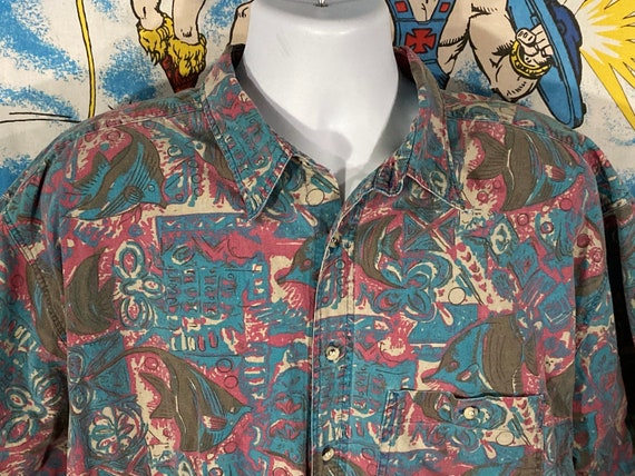 Vintage Bimini Bay Tropical Fish Colorful Abstract Button Up Oversized Hawaiian Party Shirt - Tagged XL 
