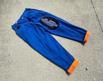 Vintage 90s Embroidered Jeans – G Money, Blue & Orange, Size 34 Knicks