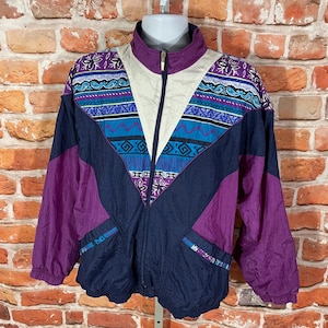 funky vintage purple windbreaker jacket - sz XL - 80s 90s grandma colorblock warm up