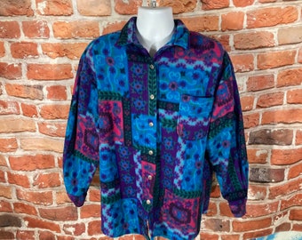 vintage 90er Fleece Knöpfe - sz L - geometrisch gestreift indie emo grunge Sweatshirt bunt