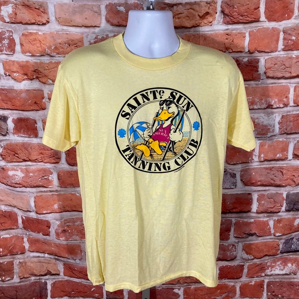 paper thin vintage Sun America Tanning Club single stitch shirt - sz L - emo indie grunge beach yellow tee