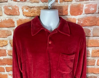 vintage 80s red velour long sleeve polo shirt - sz L - emo mod grunge grandpa indie John Blair