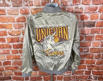 vintage 80s Unicorn Tavern Satin Bomber Jacket - sz XL - Lansing Michigan bar grunge emo indie