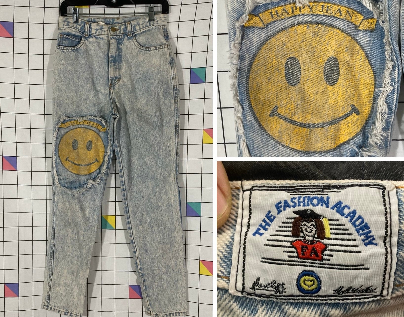 Vintage 80s 90s Fashion Academy Acid Washed Happy Jeans Sz 9 - Etsy