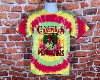 vintage 1991 Tie Dye YSU Penguins National Champions shirt - sz M - 90s indie grunge youngstown state university tee reworked