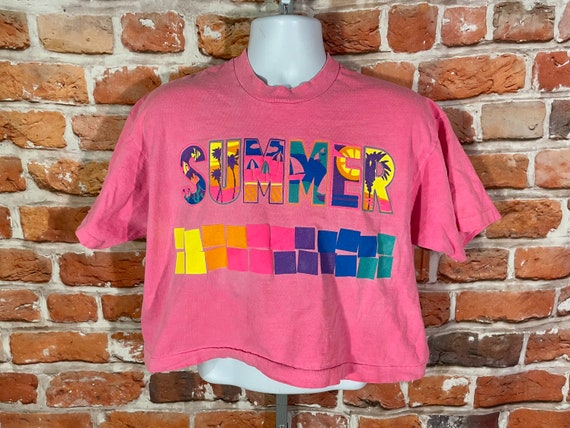 vintage 80s Summer hot pink cop top shirt - OSFA … - image 1