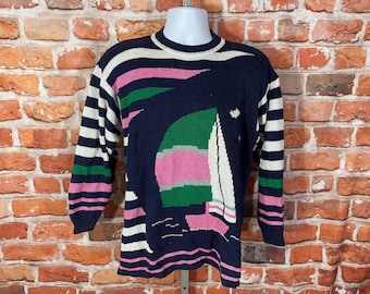 Suéter vintage de rayas de los años 80 con diseño de velero (talla M/L)