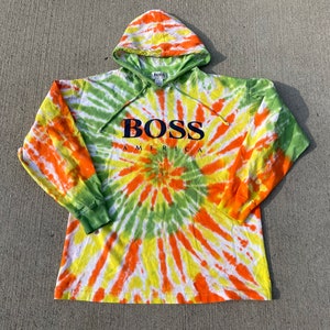 vintage tie dye BOSS America hooded shirt - sz L - hoodie grunge 90s hip hop coloful