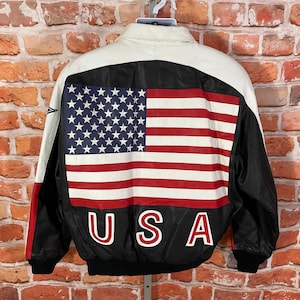 vintage USA American Flag leather bomber jacket sz XL shoulder pads phase 2