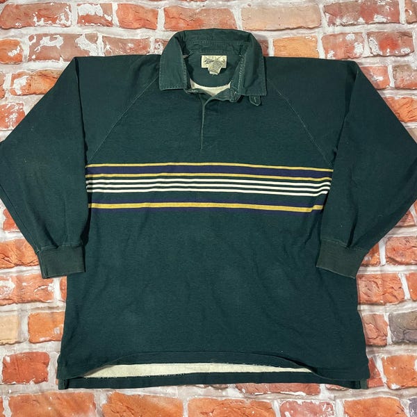 Vintage 90s Eddie Bauer Rugby Shirt: Forest Green Striped Polo (XL)