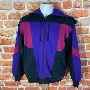vintage 80er 90er Kapuze Warm Up Sweatshirt Jacke gr. L - Color block emo grunge Indie Track