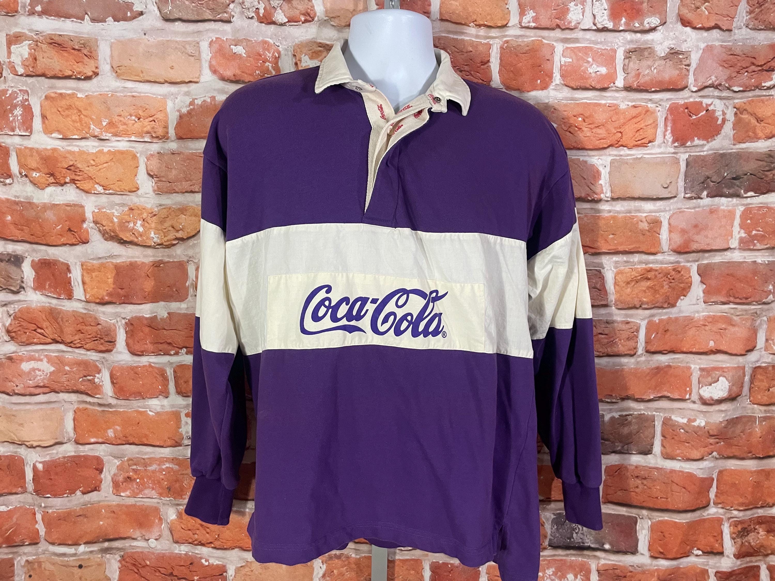Vintage Coca Cola Purple Rugby Polo Shirt Sz L Striped 80s