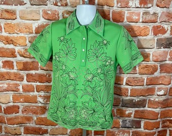 1960s Grüne Blumen Bluse: Vintage Bluse mit Schmetterlings-Kragen - Größe M