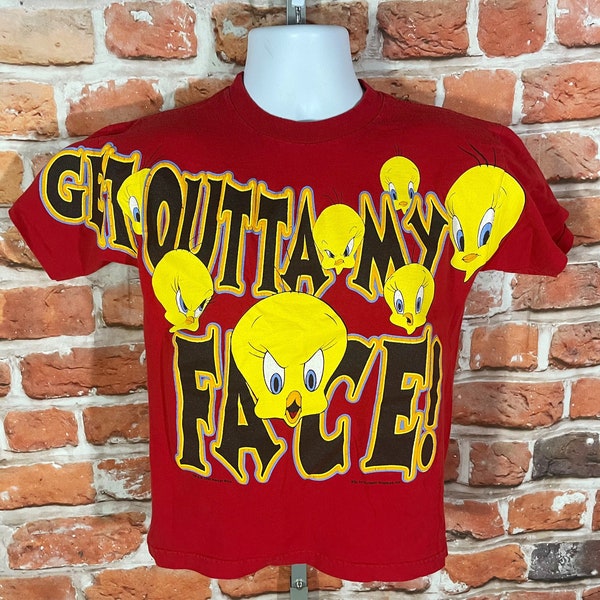 vintage 90s Tweety Tight CROPPED FIT shirt - sz XS - Get Outta My Face - all over print grunge tee