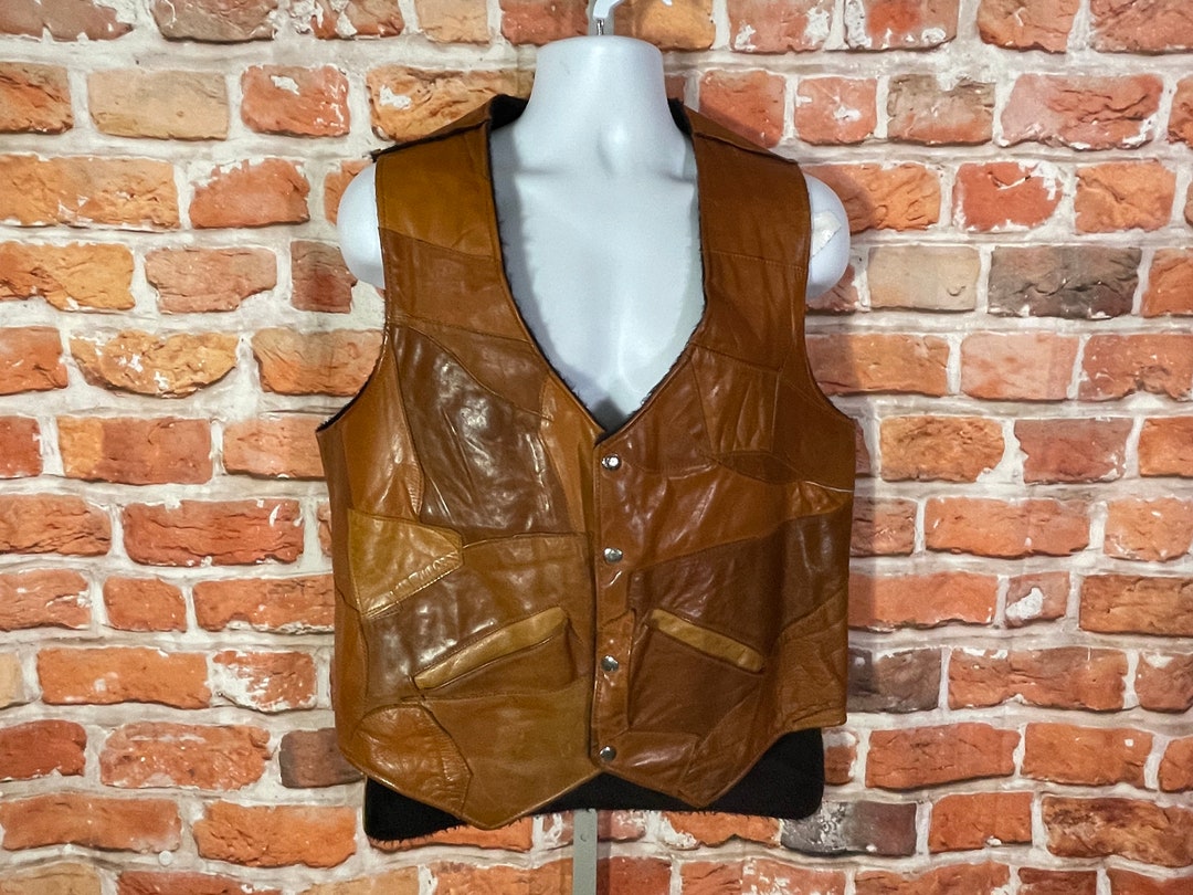 Vintage 60s Patchwork Leather Vest W Fuzzy Lining Sz 44 Grunge Mod Boho Etsy