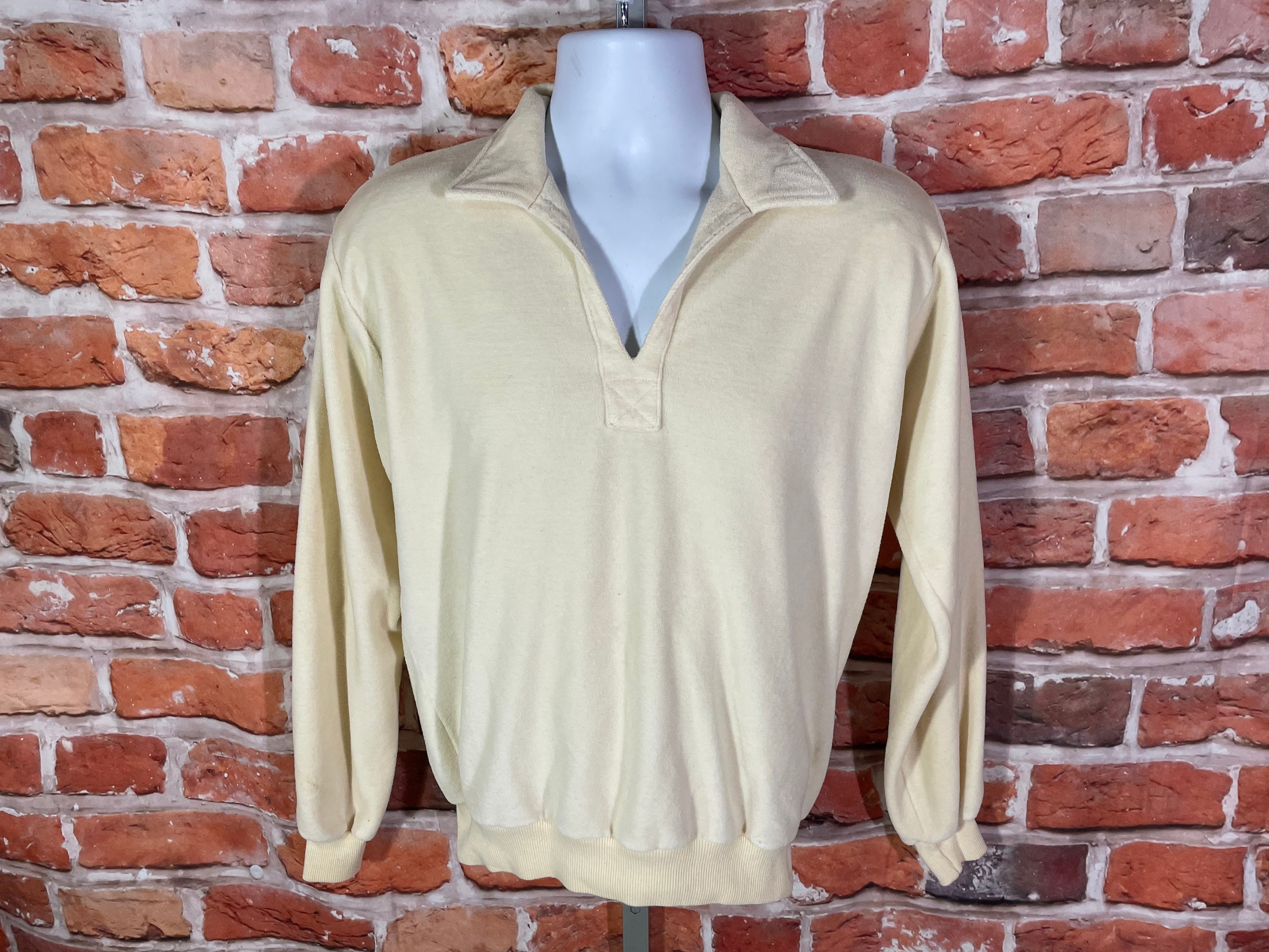 vintage 70s Campus cream colored velour long sleeve polo shirt - fits M/S -  emo indie grunge mod