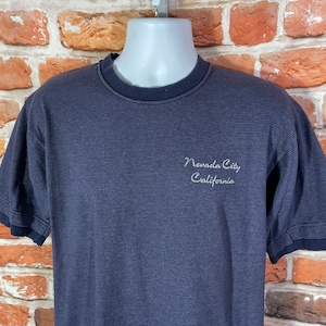 vintage 90s micro stripe layered style Nevada City California shirt - sz L - grunge emo indie tee