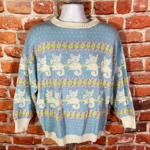 cute vintage 80s 90s striped cat sweater - fits L - emo indie grunge kitties kittens