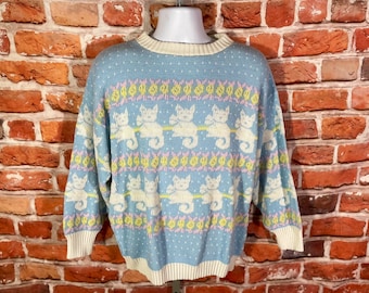 cute vintage 80s 90s striped cat sweater - fits L - emo indie grunge kitties kittens