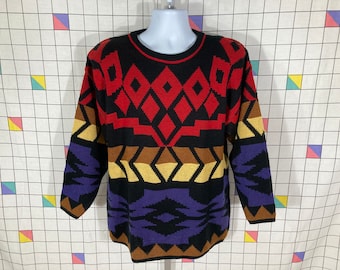 amazing 80s 90s vintage geometric abstract colorful long fitting sweater - sz M - shoulder pads - emo indie grunge fabulous
