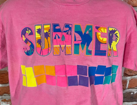vintage 80s Summer hot pink cop top shirt - OSFA … - image 3
