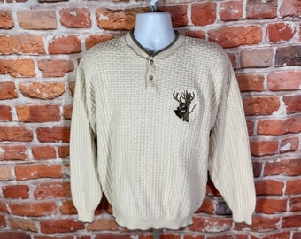 vintage 80s 90s textured Fieldmaster henley collar deer sweater - sz M - wildlife grandpa grunge emo indie