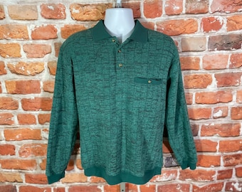 vintage 80s velour textured polo collar sweatshirt - sz XL - green grunge emo indie grandpa