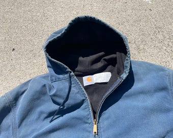 Vintage Faded Carhartt J03 NVY Hooded Canvas Work Jacket Fits 2XL