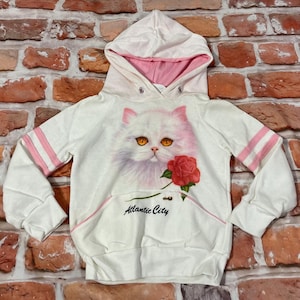 cute 1980s pink striped Atlantic City fluffy Cat hoodie - sz Kids 2/3 - vintage 80s hooded sweatshirt