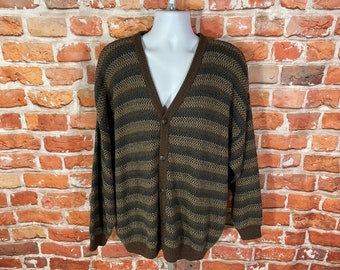 vintage brown striped Jantzen cardigan sweater - sz 2XL - grandpa grunge indie nerd