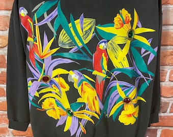 vintage 1992 EZL tropical flowers and macaws sweatshirt - 90s parrot crewneck