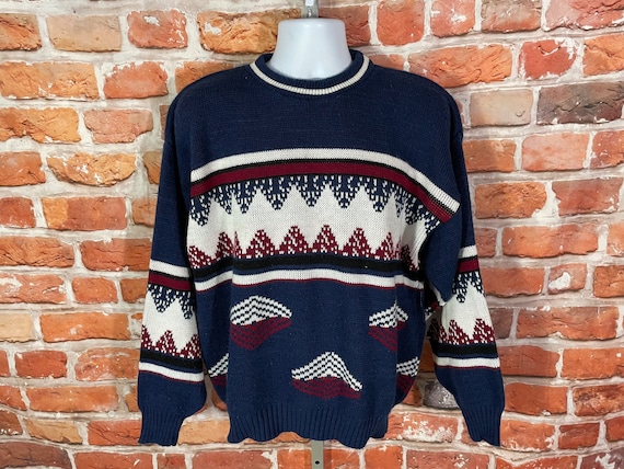【中古】 Grand Slang 1990 Vintage 80s 90s Funky Geometric Striped Grandpa Sweater - Sz