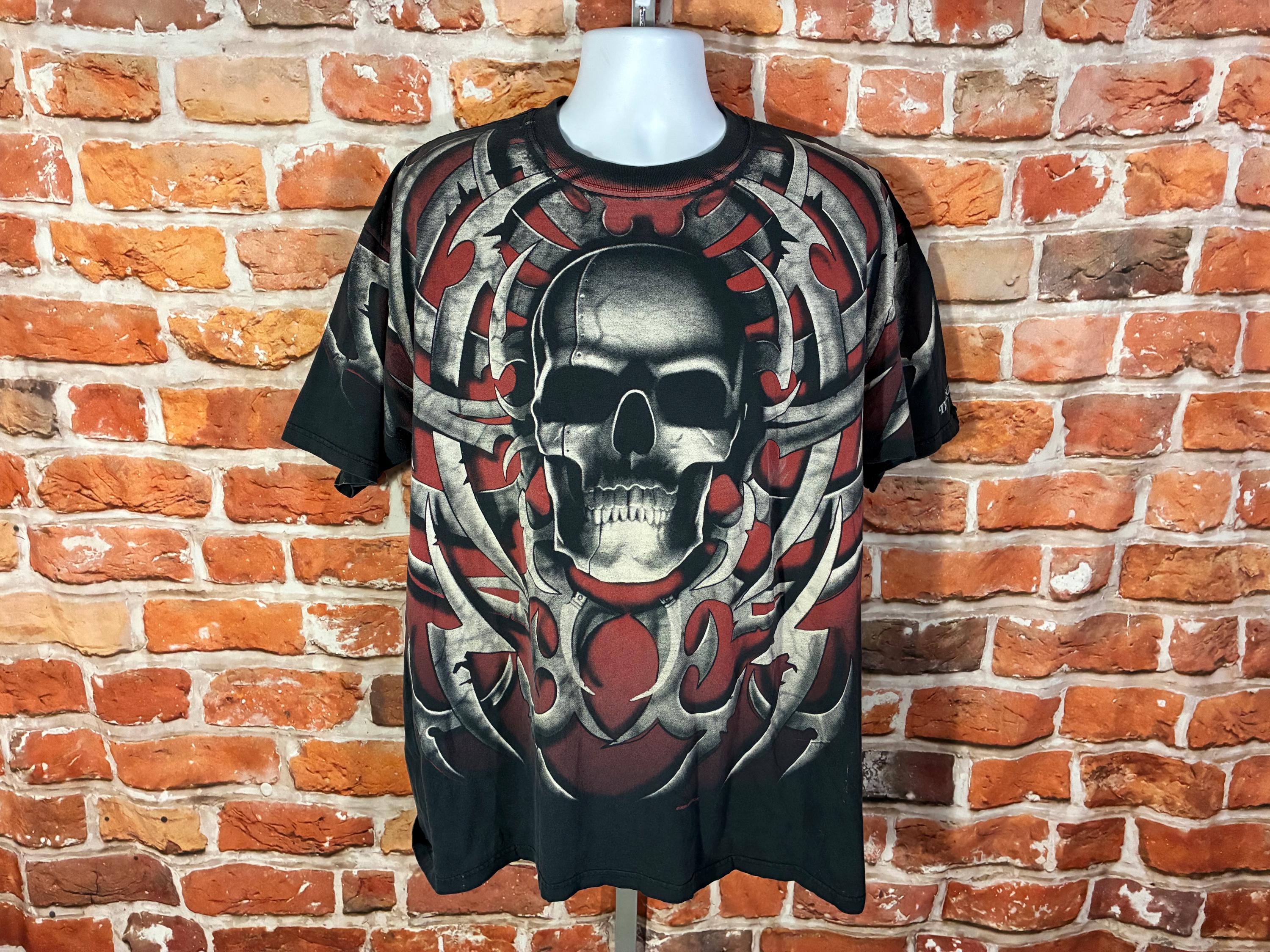 Vintage 90s Liquid Blue Tribal Skull Treasue Island Shirt Sz 2XL