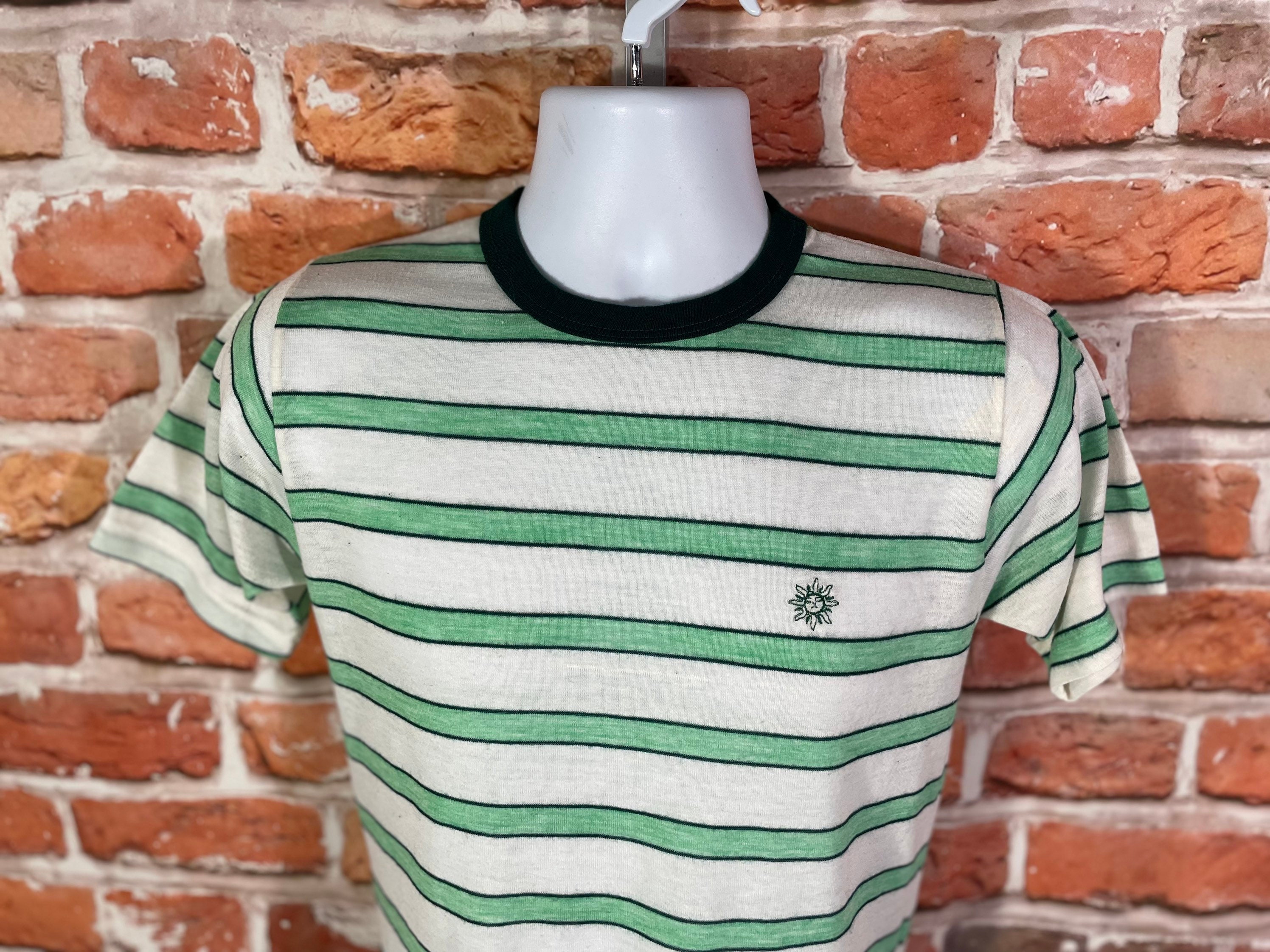 Vintage 60s 70s Green Striped Ringer Shirt - Fits S - Paper