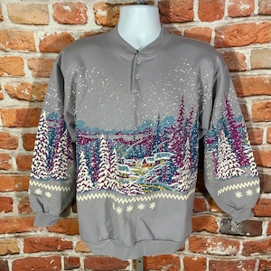 vintage 1991 Lifestyles all over print textured purple/lavender henley collar winter scene sweatshirt - sz S/M - emo indie grunge 90s