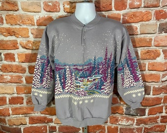 vintage 1991 Estilos de vida en todo el estampado texturizado púrpura / lavanda henley cuello escena sudadera de invierno - sz S / M - emo indie grunge 90s
