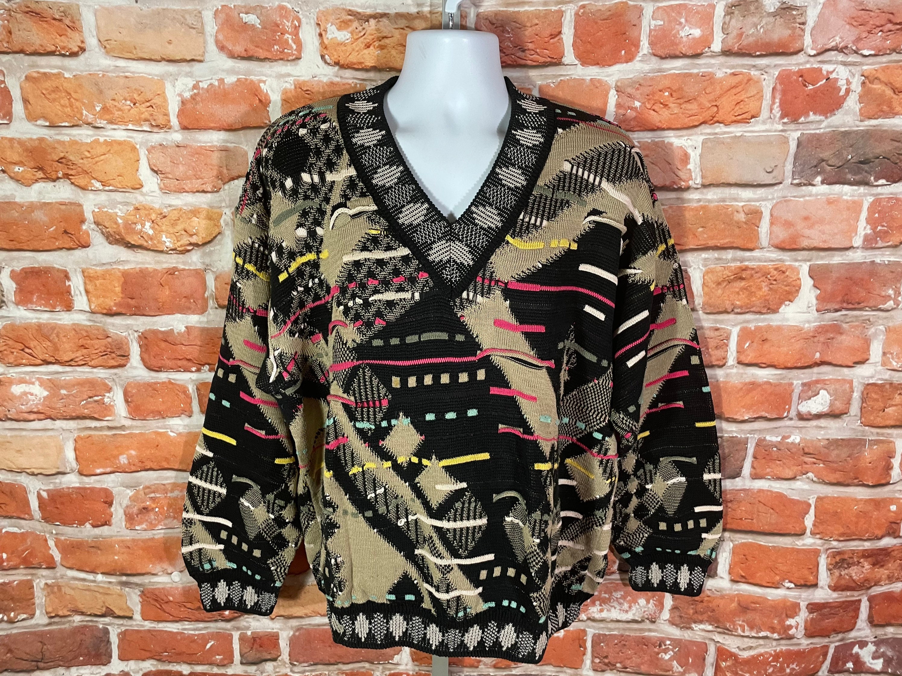 Vintage 90s Authentic Coogi Textured V Neck Sweater Sz XL Cosby Notorious Grunge Colorful Emo Indie Chunky Funky Pink Accents Grandpa Etsy
