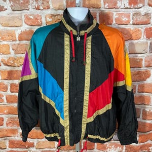 fabulous vintage Colorblocked windbreaker jacket sz L colorful grandma funky 80s 90s warm up