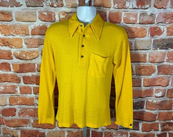 Koszulka polo z długim rękawem w stylu vintage z lat 60. i 70. z dużym kołnierzykiem w kolorze żółtym 909, w stylu funky, pasuje na M/S, w stylu grunge, disco