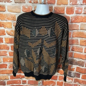 vintage 90s Alan Stuart sweater w leather patches - sz XL - striped cosby grunge funky grandpa