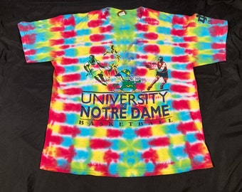 vintage tie dye Notre Dame BASKETBALL Nutmeg Mills Shirt - sz XL- figting irish custom 90s rainbow tee